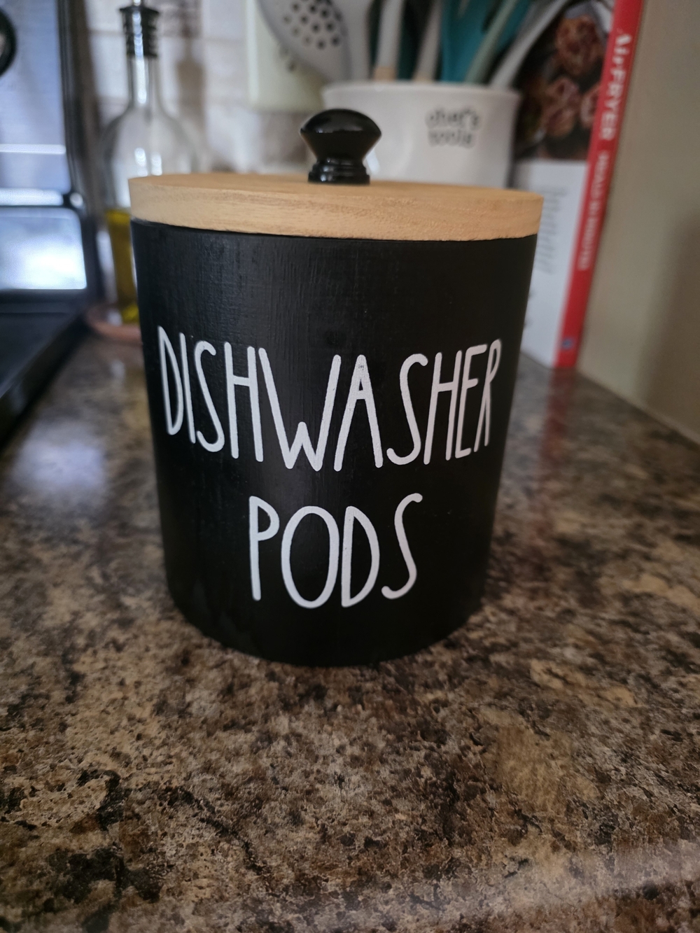 Dishwasher Pods Storage Canister with Wooden Lid - Black